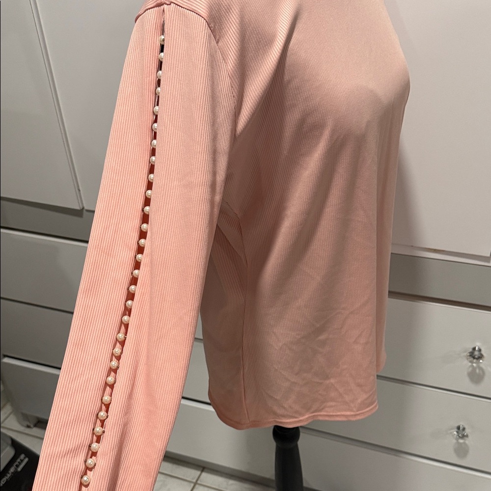Chic Blush Long Sleeve Top with Pearl Accents